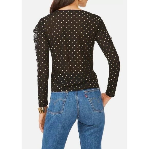 1.State Women's Black Gold Dot Sheer Long Sleeve Ruffle Seam Crewneck Top Size M - Picture 2 of 10